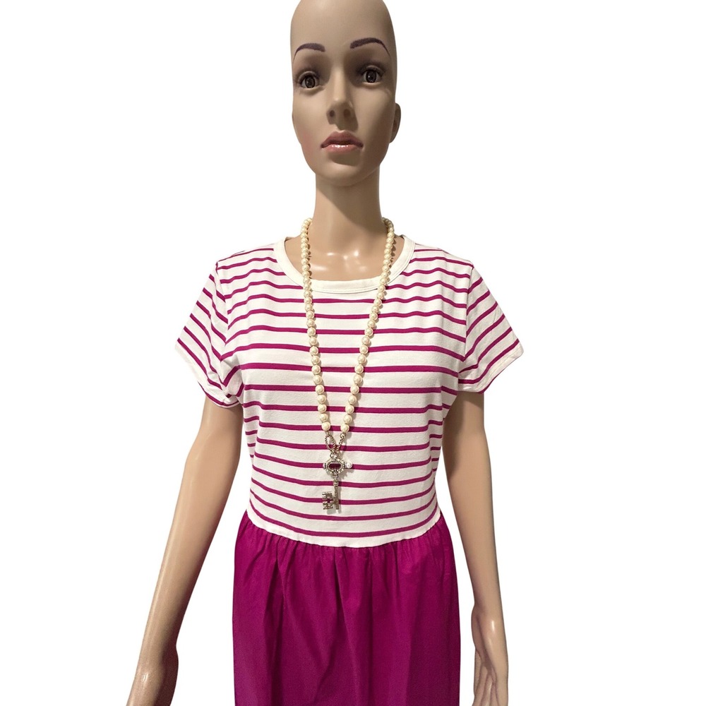 J.Crew Striped Mixed Media Midi Dress Pink White C1205 Womens Large NEW